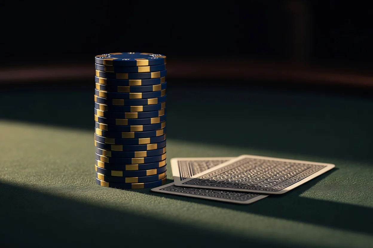 888 Casino Stack of casino chips beside playing cards on green felt
