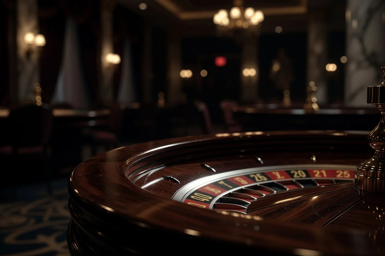 Betway Casino Roulette wheel in dark casino hall with shallow depth of field