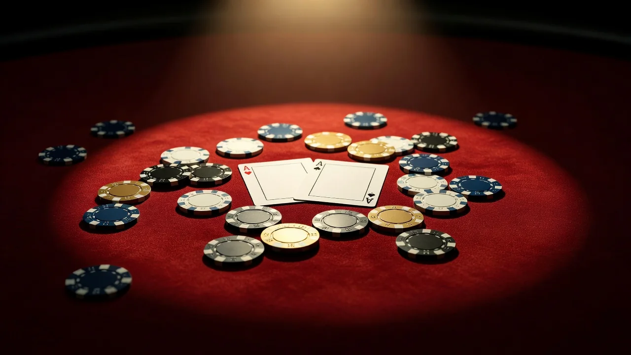 Bovada Casino Poker chips and two aces on red felt under warm spotlight