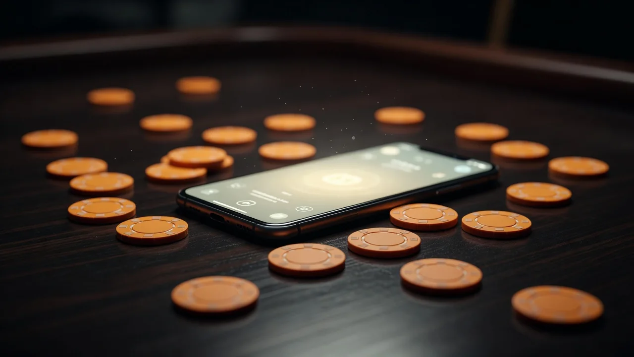 LeoVegas Smartphone showing a colorful slot game on a dark wooden table