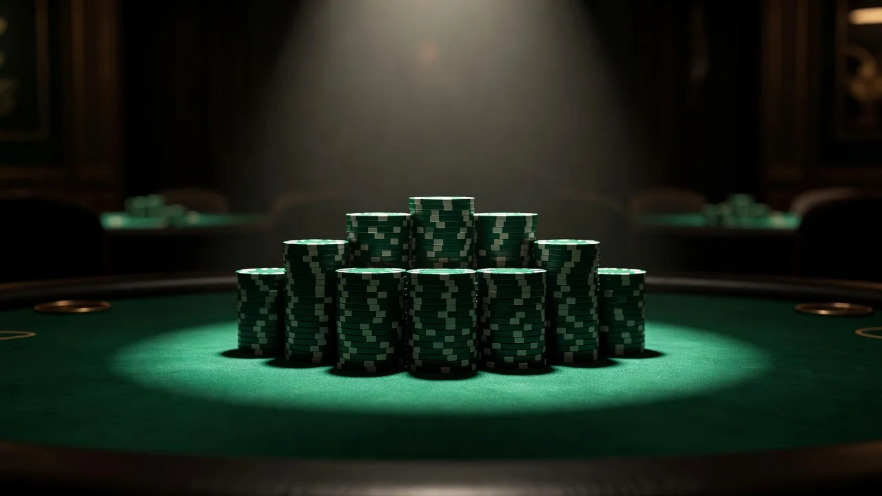 Mr Green Dark green casino chips stacked on green felt in soft light