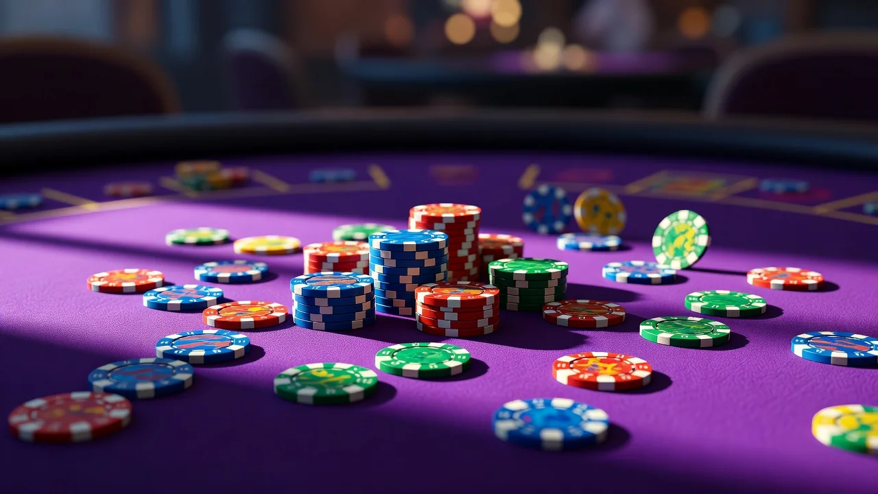 PlayOJO Bright casino chips scattered across a purple-lit table