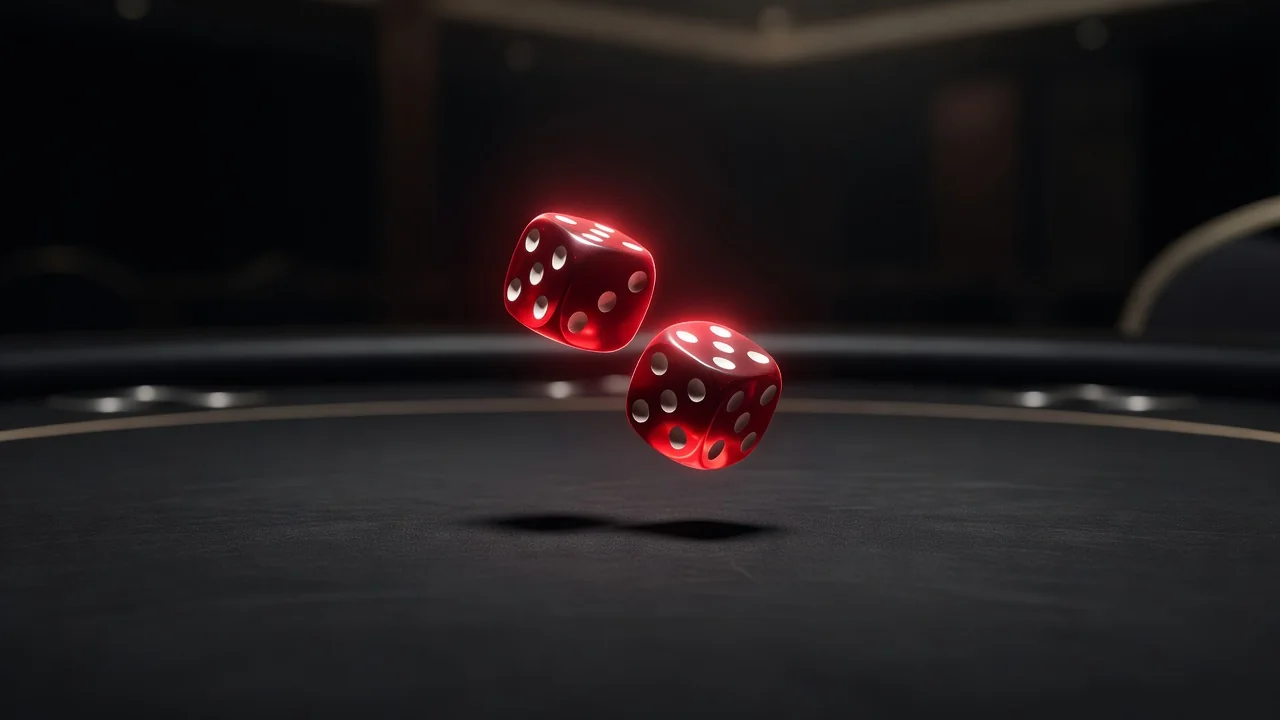 Red Dog Casino Two red dice tumbling across a black casino table
