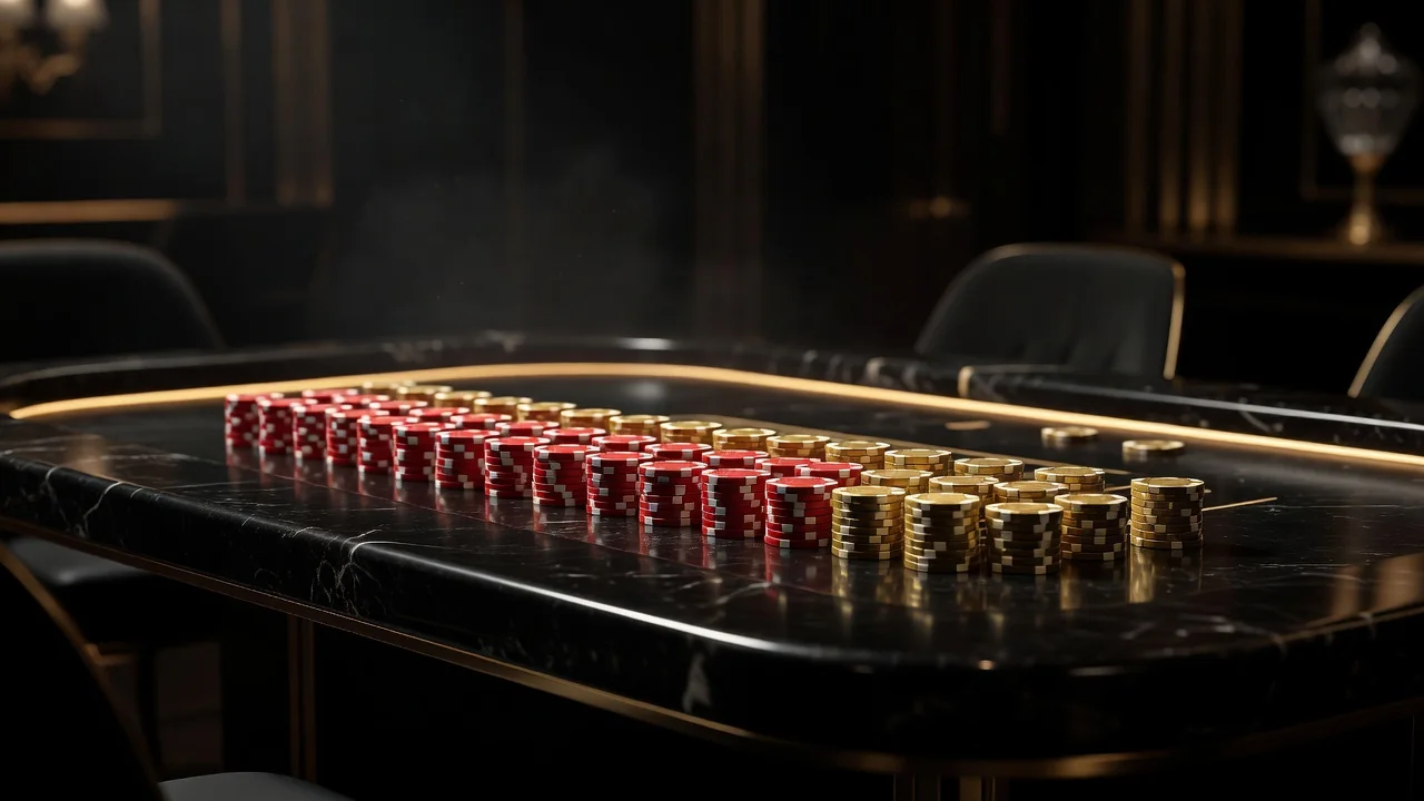 Royal Panda Red and gold casino chips arranged on black felt